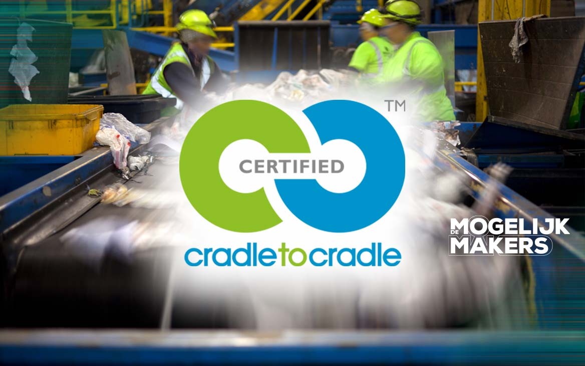 Cradle to Cradle logo en mensen die afval verwerken